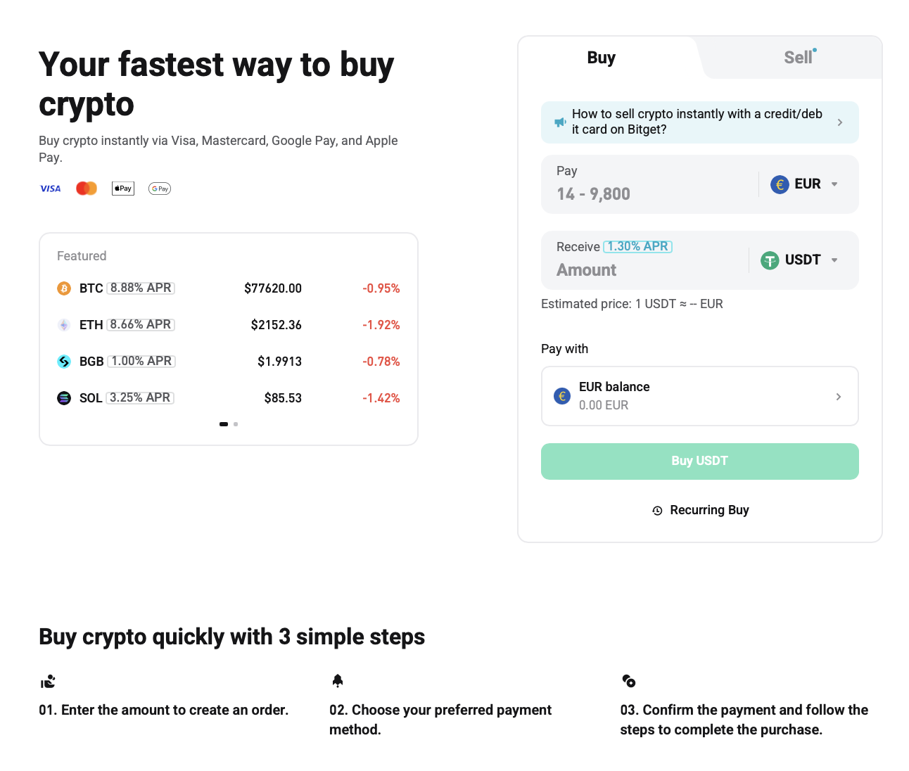 Bitget buy crypto interface showing cryptocurrency purchase options and rate display