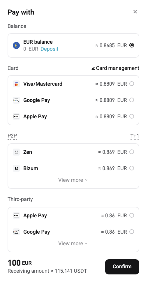 Bitget payment method selection screen showing balance, card, P2P and third-party options