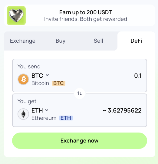 Changelly DeFi tab showing a BTC to ETH swap option