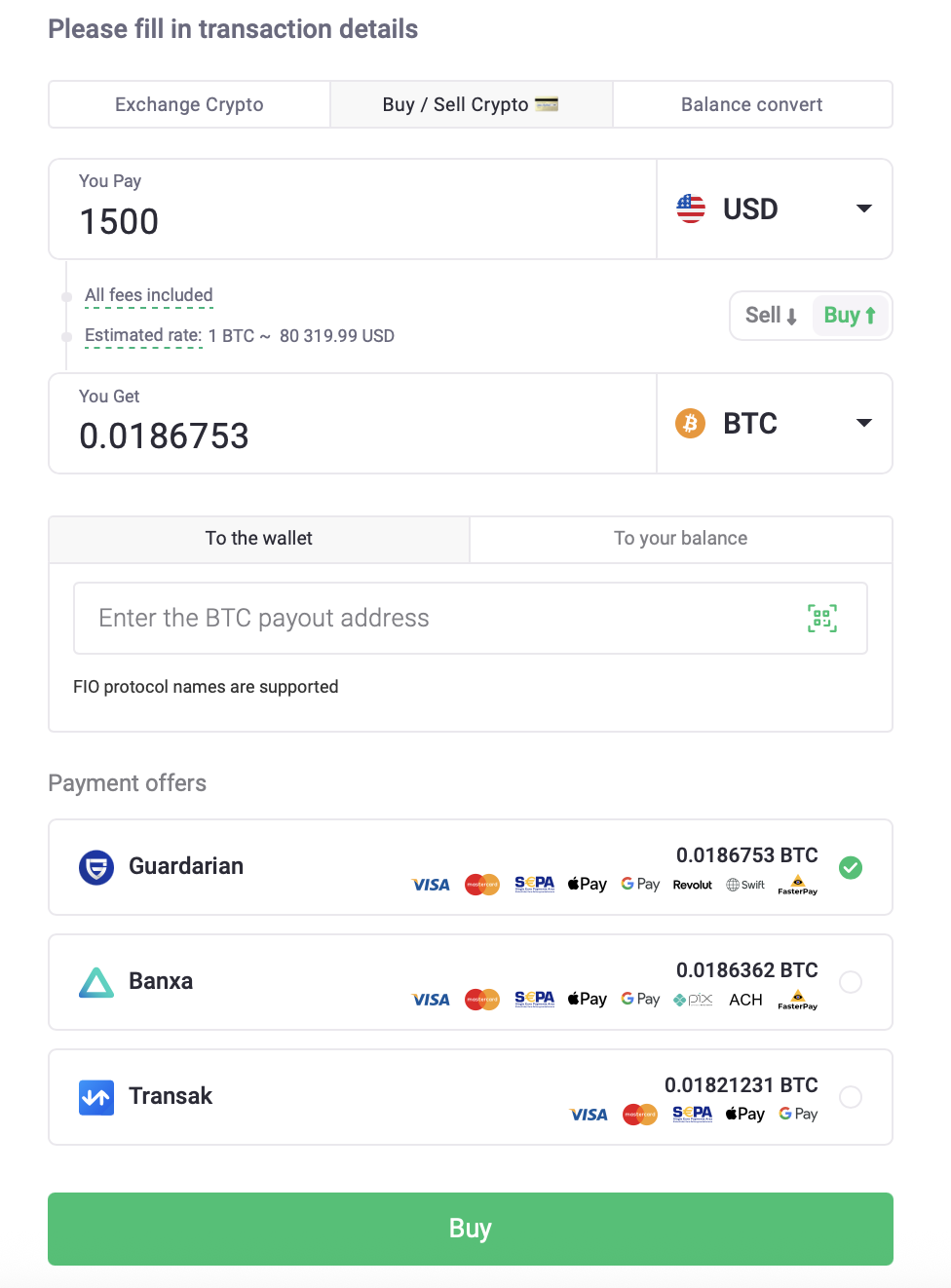 ChangeNOW buy crypto flow showing USD to BTC purchase options with payment providers Guardarian, Banxa and Transak