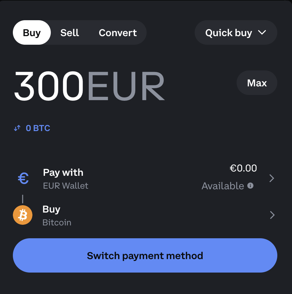 Coinbase Buy screen showing 300 EUR entered for a Bitcoin purchase with fee breakdown visible