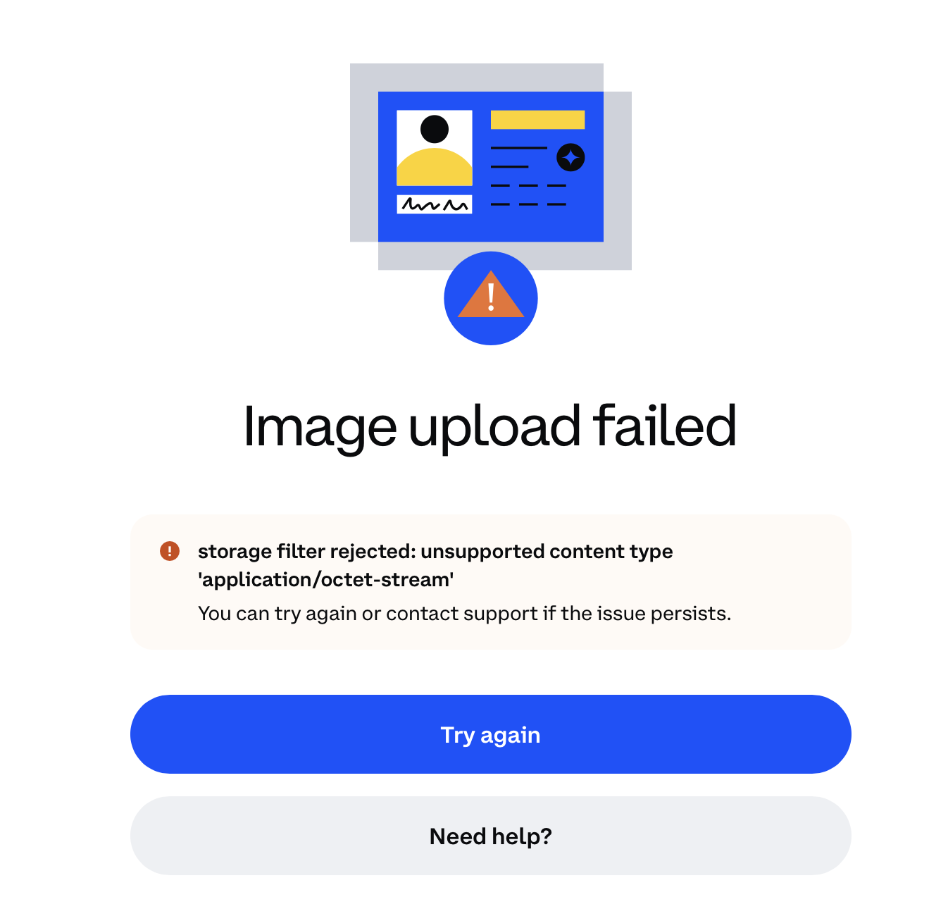 Coinbase ID upload failed error showing application/octet-stream file type rejection
