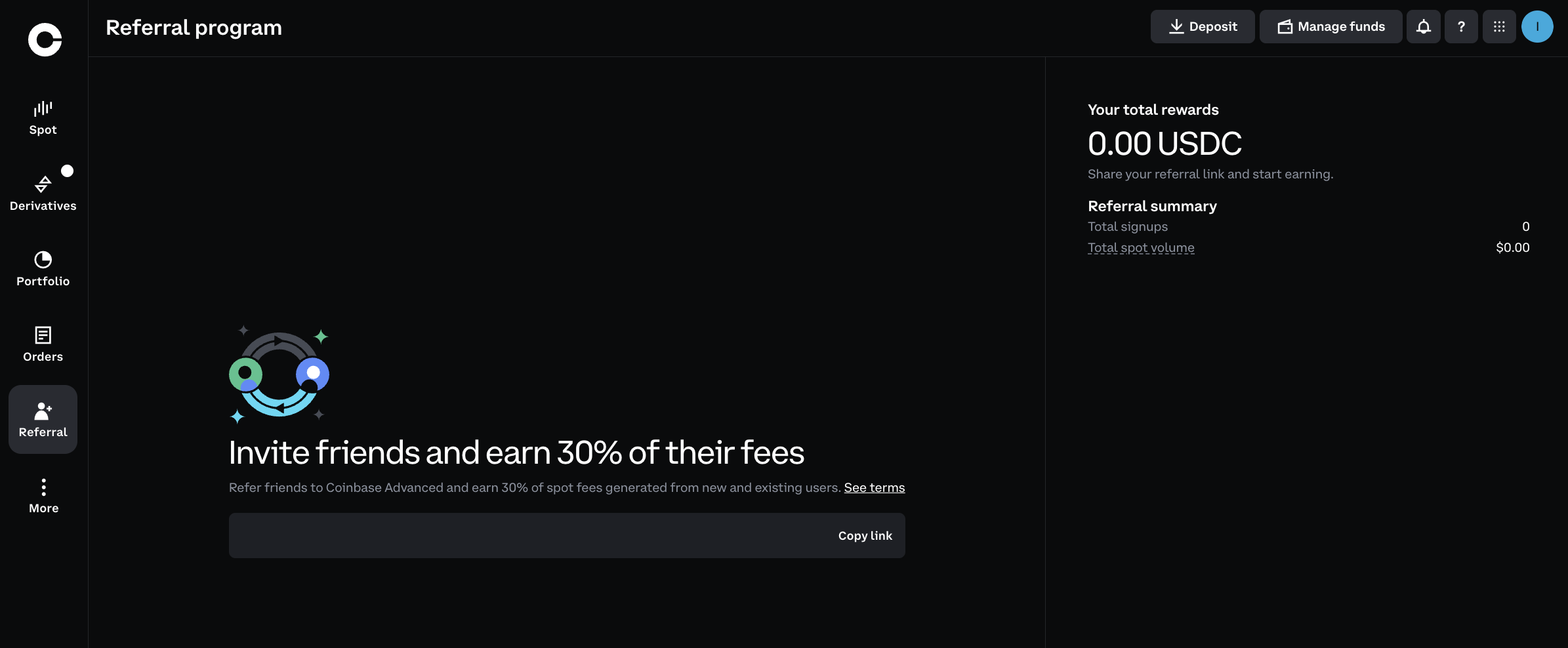 Coinbase referral program screen observed inside the app, with personal referral details redacted