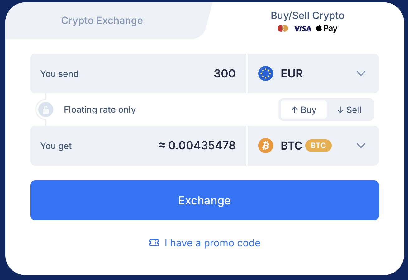SimpleSwap Buy tab showing EUR to BTC with floating rate and payment method logos